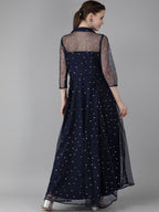 Ahalyaa Navy Blue Net & Crepe Silver Toned Polka Dots Printed Maxi Dress | Grocsy