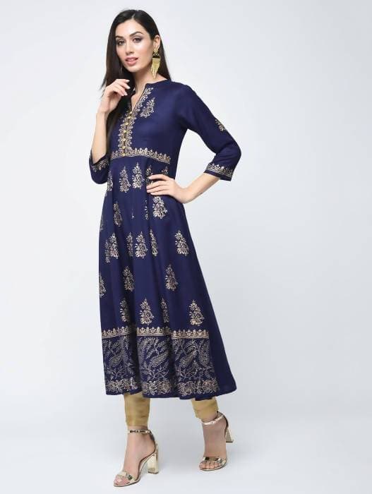 Aniyah Rayon Block Printed Anarkali Blue Kurta (AN-116K) | Grocsy