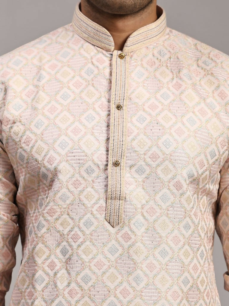 Pink Viscose Jacquard Woven Jacquard Designer Men's Rajwadi Kurta Set - Mahotsav | Grocsy