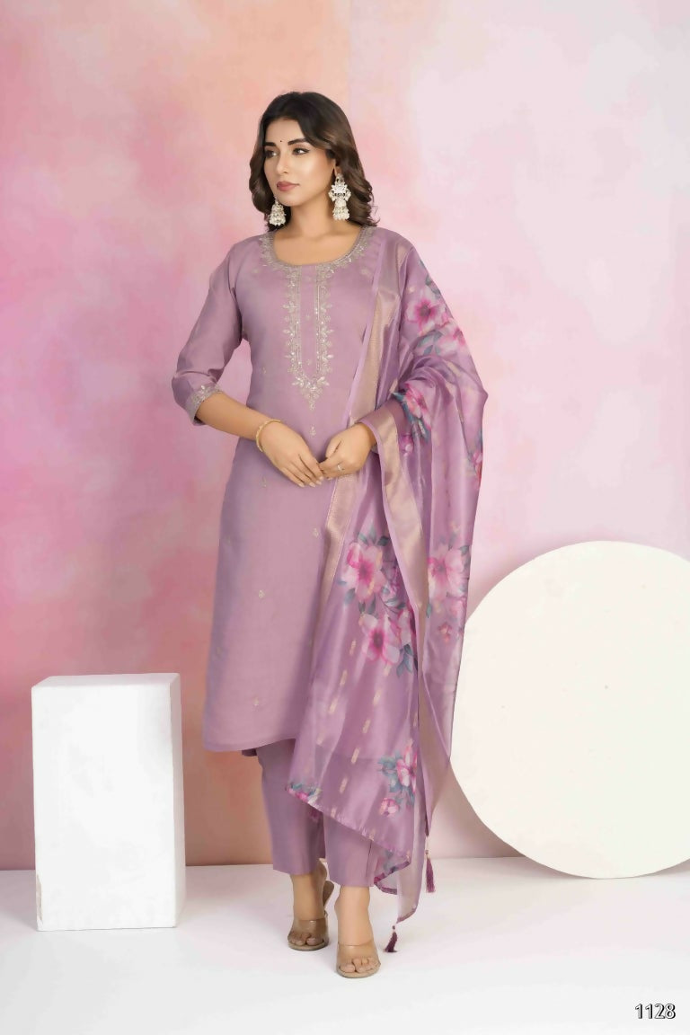 Ethnic Festive Wear Viscose Chanderi Purple Stitched Suit With Dupatta - Tanisha | Grocsy