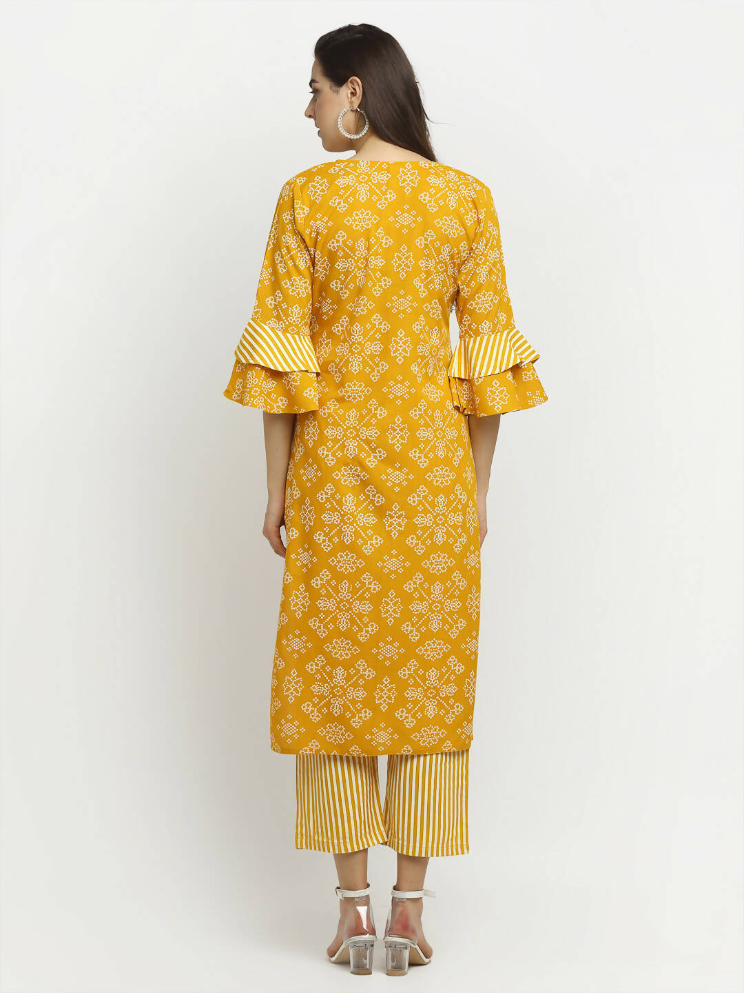 Rudra Bazaar Mustard Printed Bell Sleeve Straight Kurta with Striped Pyjamas | Grocsy