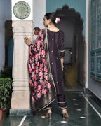 Vaasva Women's Silk Emboidered Solid Pant Set & Digital Printed Dupatta | Grocsy