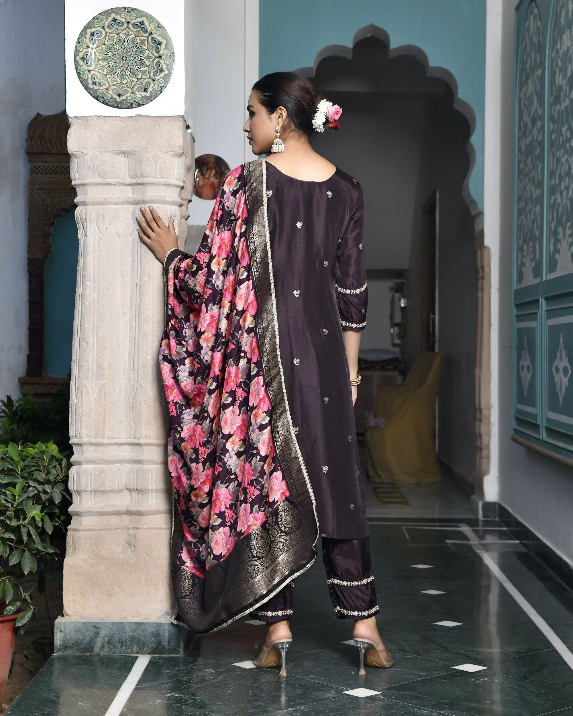 Vaasva Women's Silk Emboidered Solid Pant Set & Digital Printed Dupatta | Grocsy