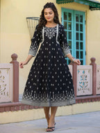 Juniper Women's Black Printed Anarkali Flared Dress | Grocsy