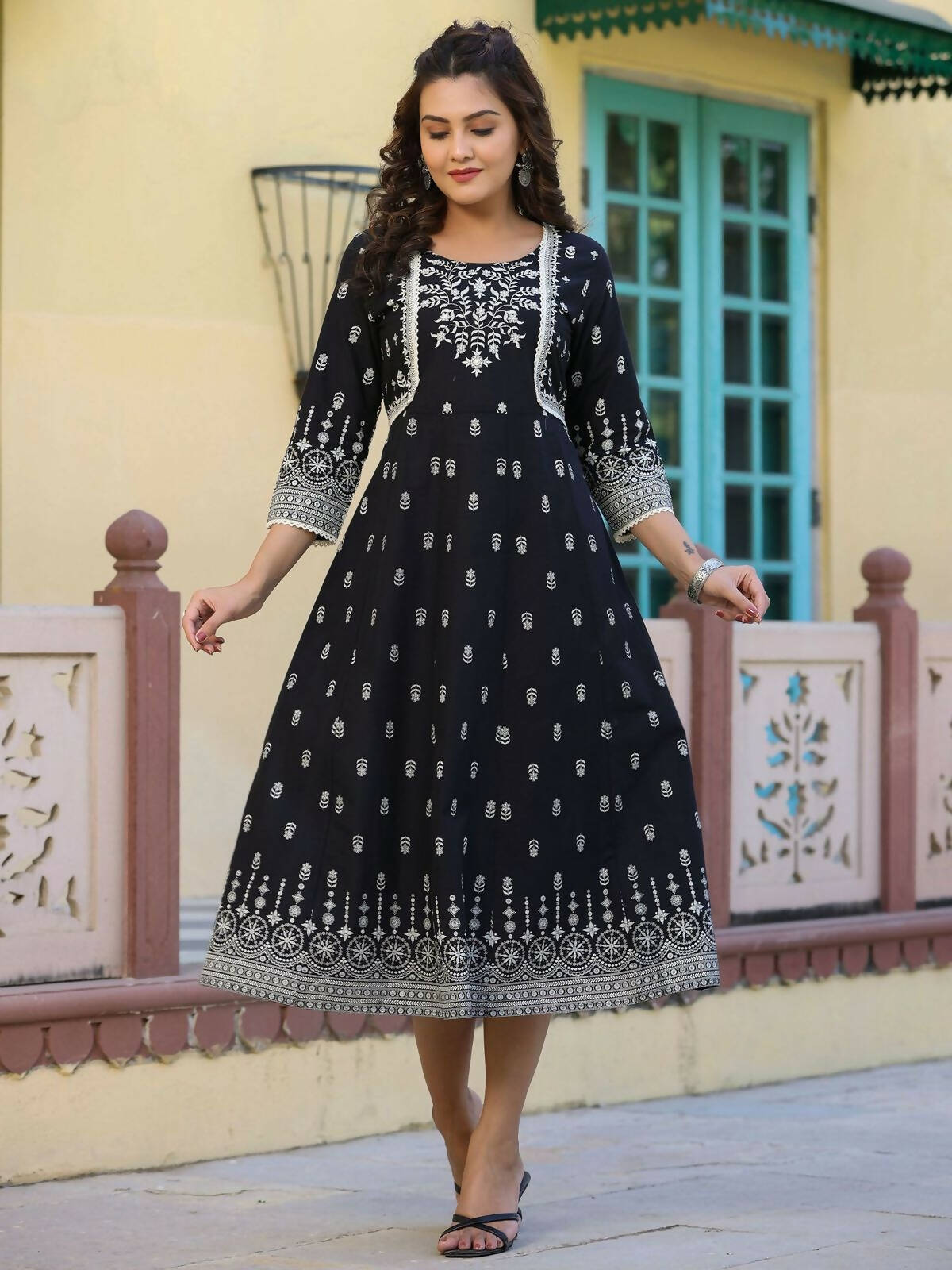 Juniper Women's Black Printed Anarkali Flared Dress | Grocsy