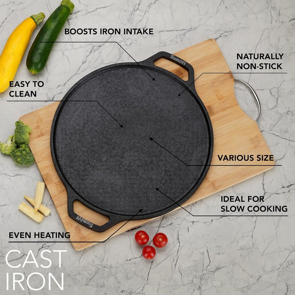 Sumeet Pre Seasoned Heavy Weight Cast Iron Flat, Induction Friendly Dosa Tawa - Black | Grocsy