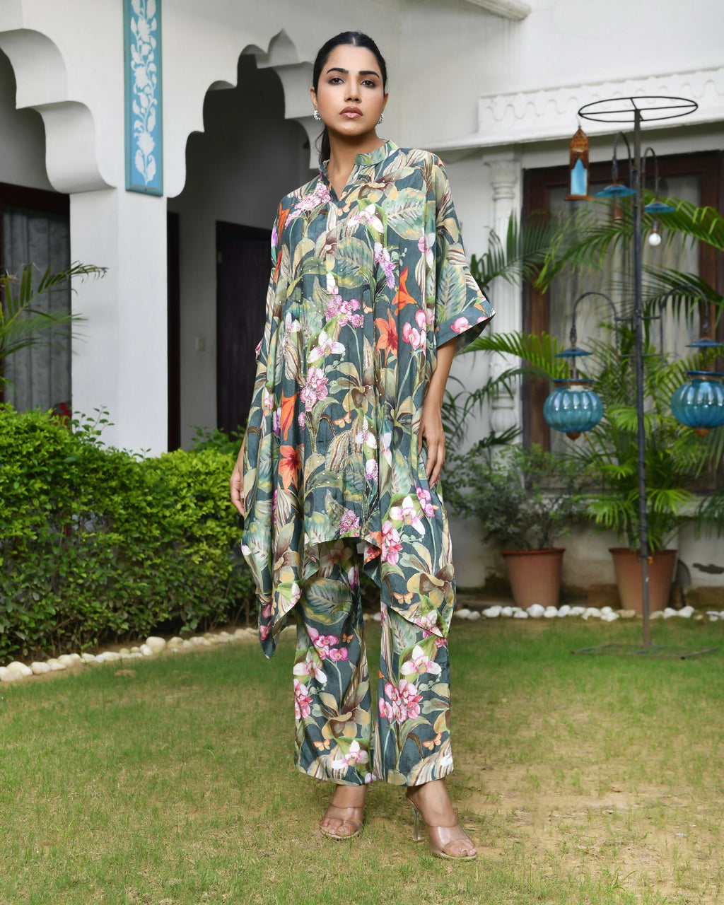 Vaasva Women's Dark Green Musline Viscose Digital Printed Kaftan Pant Set | Grocsy