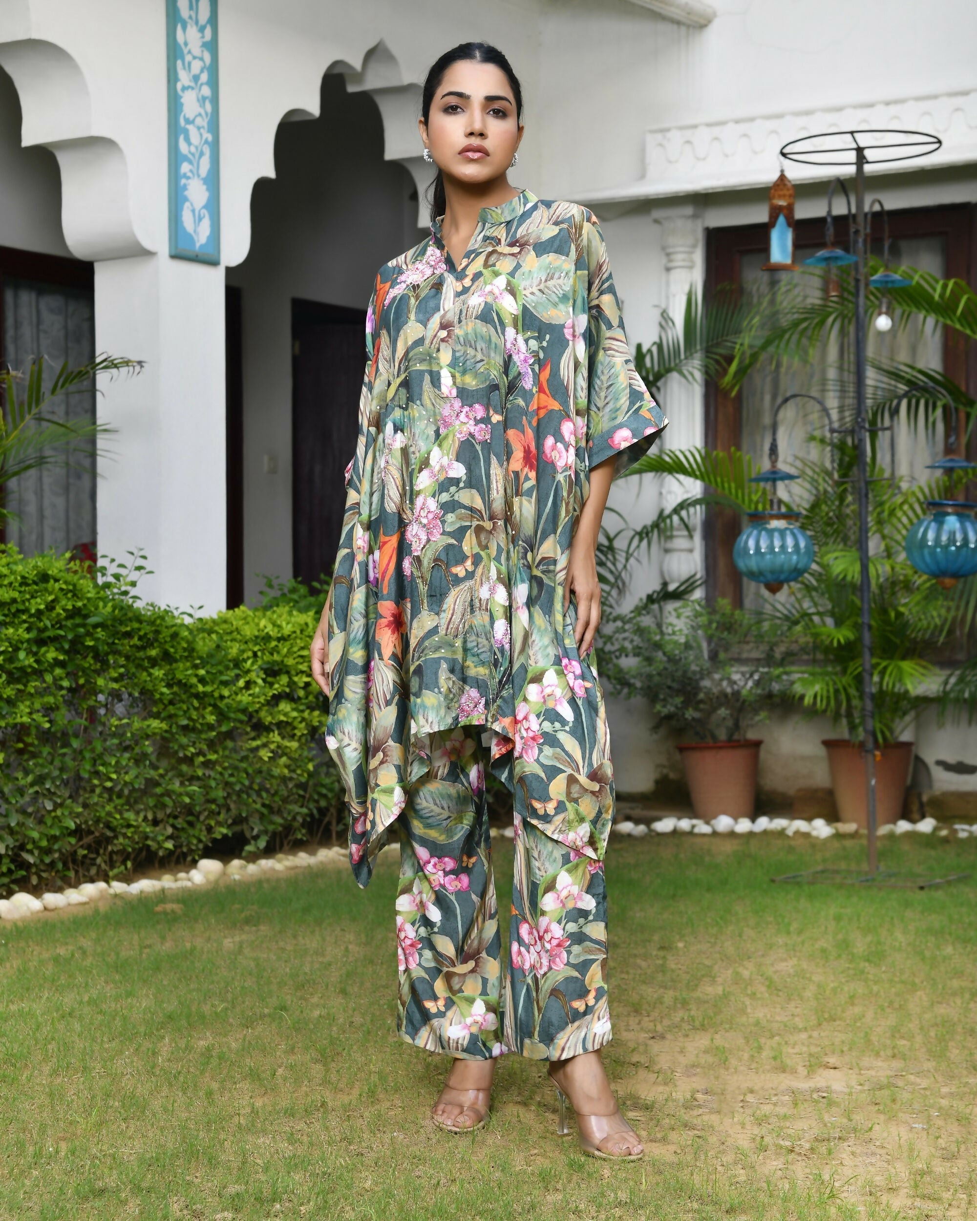 Vaasva Women's Dark Green Musline Viscose Digital Printed Kaftan Pant Set | Grocsy