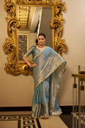 Vastranavya Sea Blue Tissue Shimmer Zari Weaving Work Saree with Unstitched Blouse | Grocsy