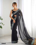 Georgette Designer Sequance Embroidery Work Party Wear Saree - Black | Grocsy