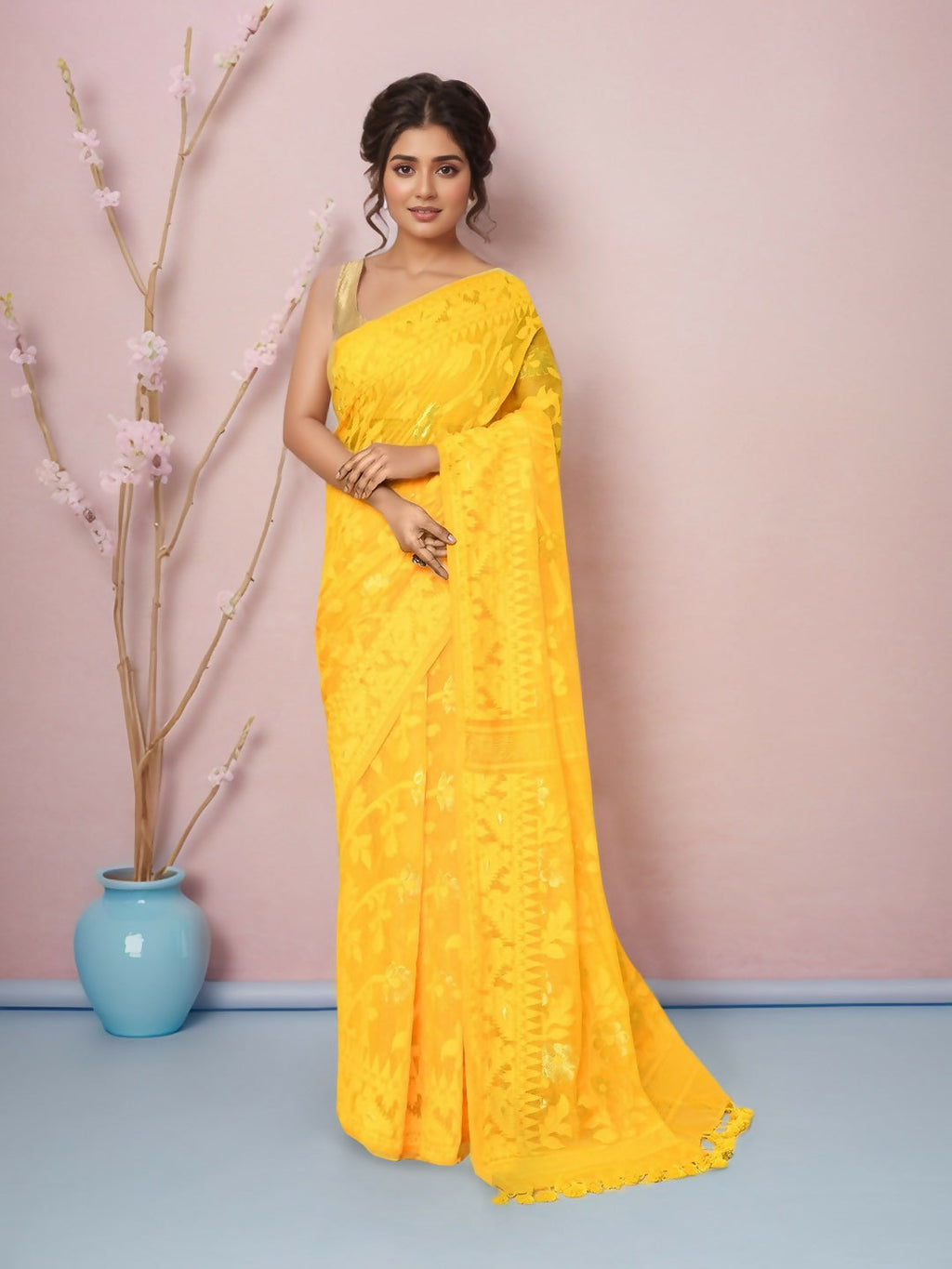 Joban Fashion Yellow Cotton Blend Jamdani Saree | Grocsy