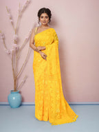 Joban Fashion Yellow Cotton Blend Jamdani Saree | Grocsy