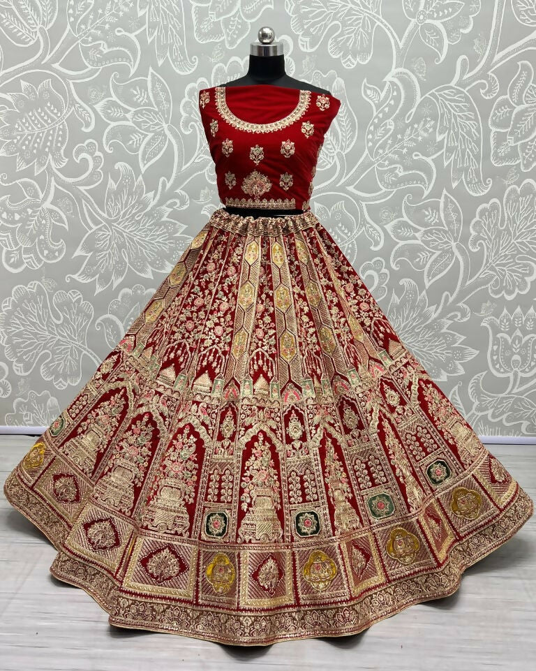Jyoti Fashion Women's Red Velvet Dori, Multi Thread Embroidered with Diamond Work Wedding Lehenga Choli | Grocsy