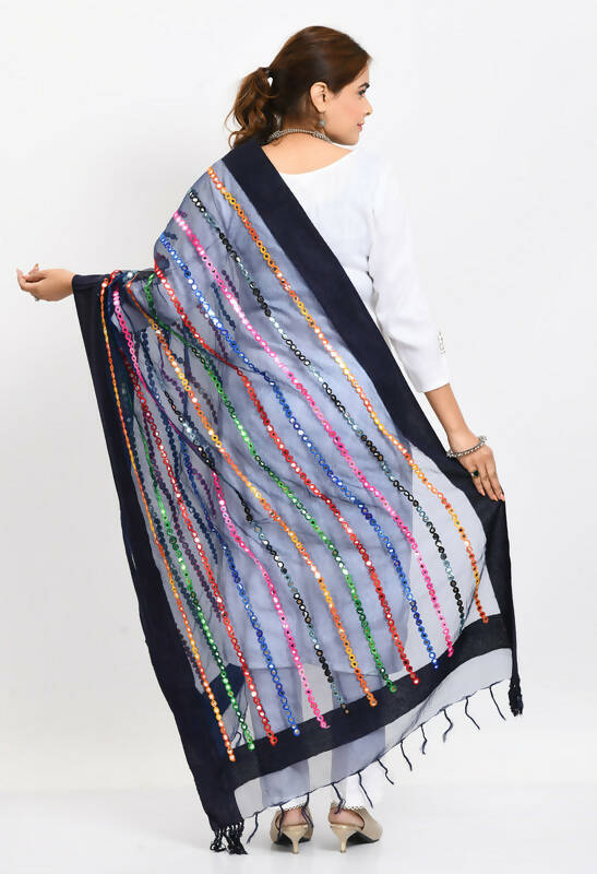 Mominos Fashion Moeza Women's Orgenza Multi Thread Mirror Work Navy Blue Dupatta | Grocsy