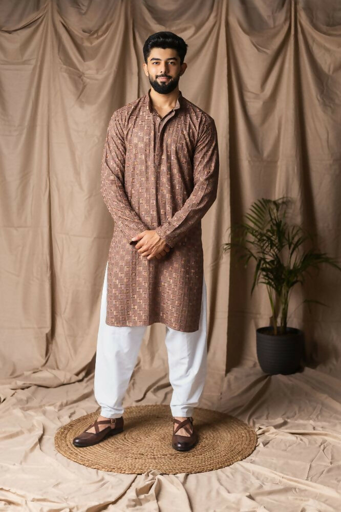Brown Rayon Thread Embroidery Work Kurta Set - Mahotsav | Grocsy