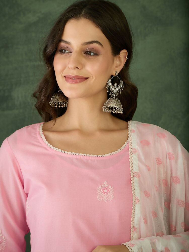 The52 Women's Gorgeous Embroidery Work Cotton Satin Fabric Straight Kurta Sharara and Dupatta Set | Grocsy