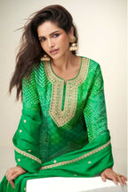 Anaita Green Chinon Stitched Suit with Digital Print & Embroidery Coding Sequence Work | Grocsy