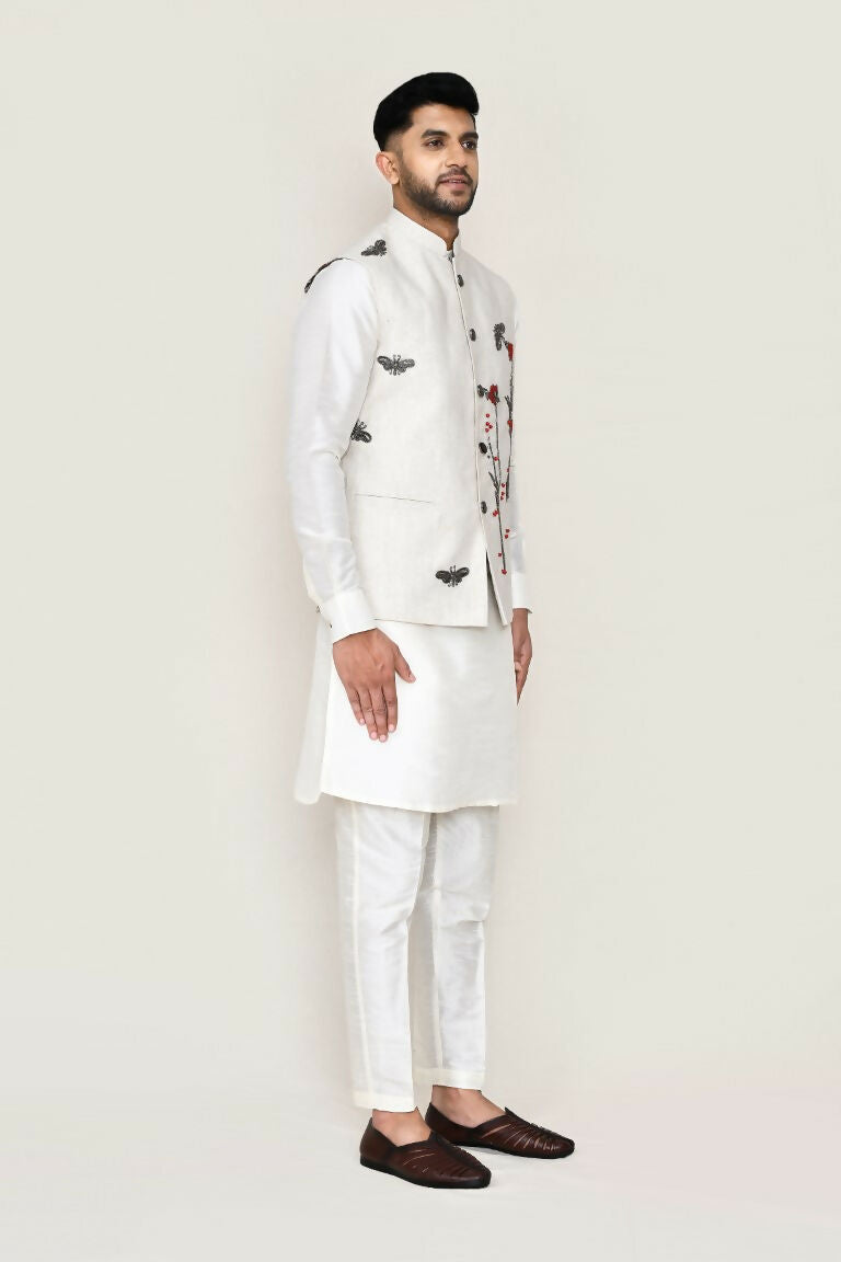 Joban Fashion White Colored Art Silk Fabric Kurta, Jacket With Straight Fit Pant | Grocsy