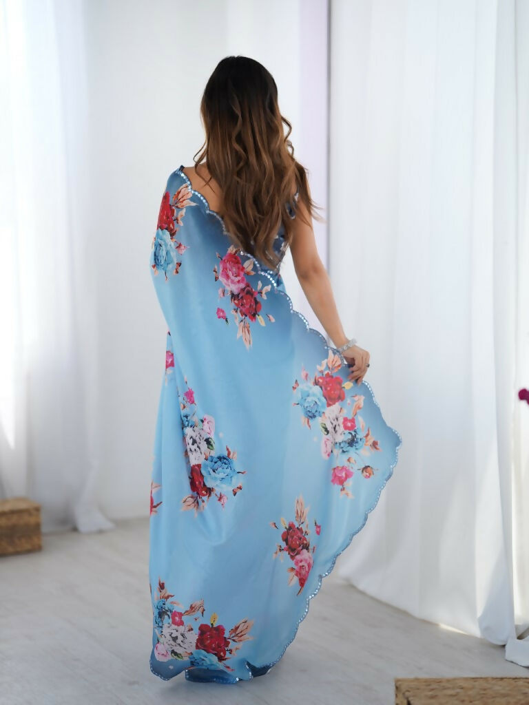 Blue Chinon Designer Digital Printed,Mirror Cut Work Saree - Elayna | Grocsy