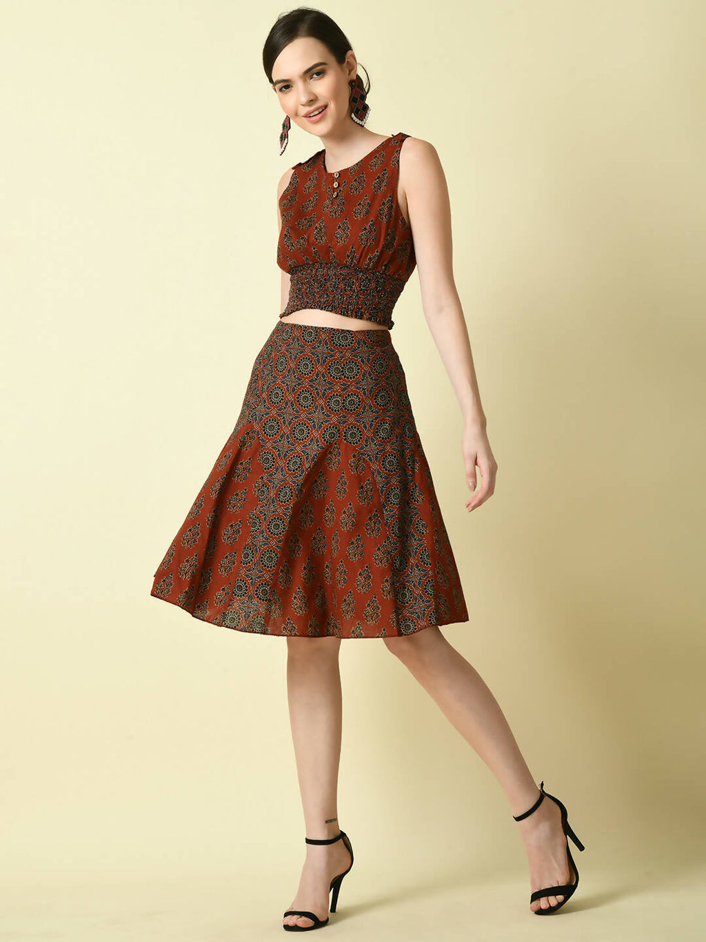 Myshka Women's Rust Ethnic Motifs Printed Top | Grocsy