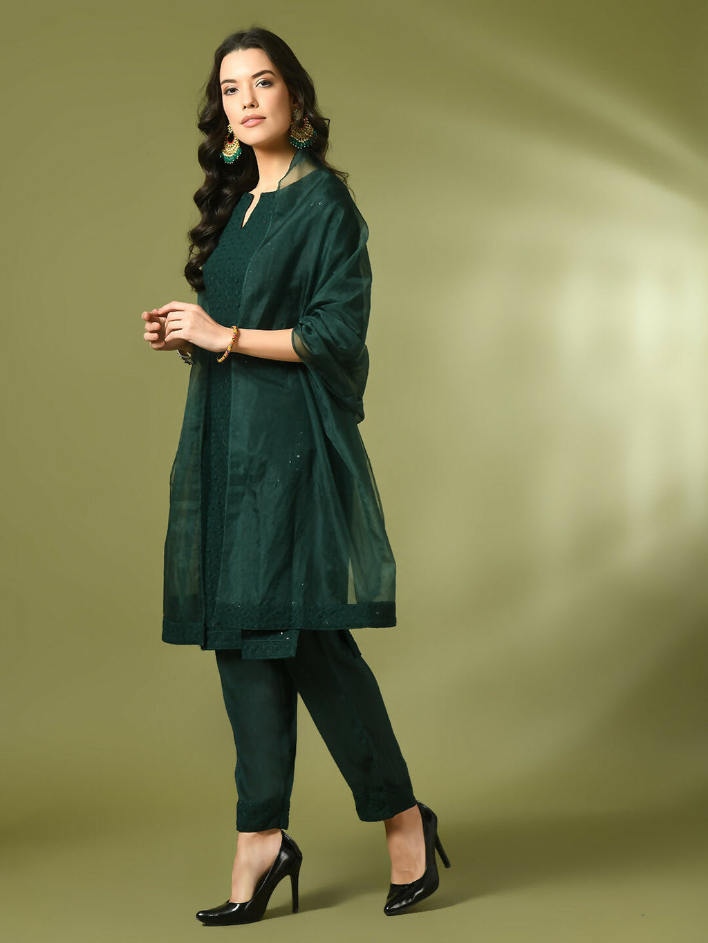 Myshka Women's Green Embroidered Cotton Straight Party Kurta Set With Dupatta | Grocsy