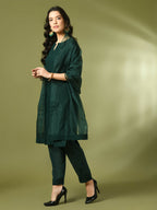Myshka Women's Green Embroidered Cotton Straight Party Kurta Set With Dupatta | Grocsy