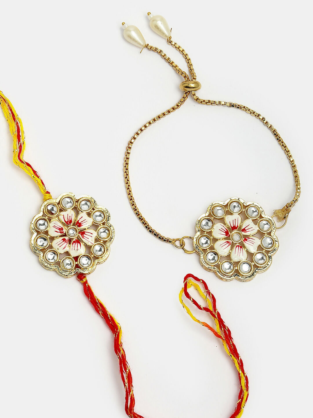 NVR Women & Men Set of 2 Gold Kundan-Studded Bhaiya Bhabhi Rakhi Set With Roli Chawal | Grocsy