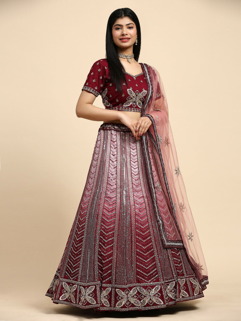 Maroon Fancy Net Sequence Embroidered Lehenga Choli with Dupatta - Dhara | Grocsy