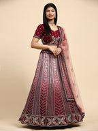 Maroon Fancy Net Sequence Embroidered Lehenga Choli with Dupatta - Dhara | Grocsy