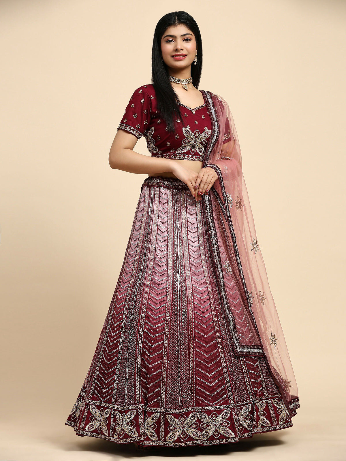 Maroon Fancy Net Sequence Embroidered Lehenga Choli with Dupatta - Dhara | Grocsy