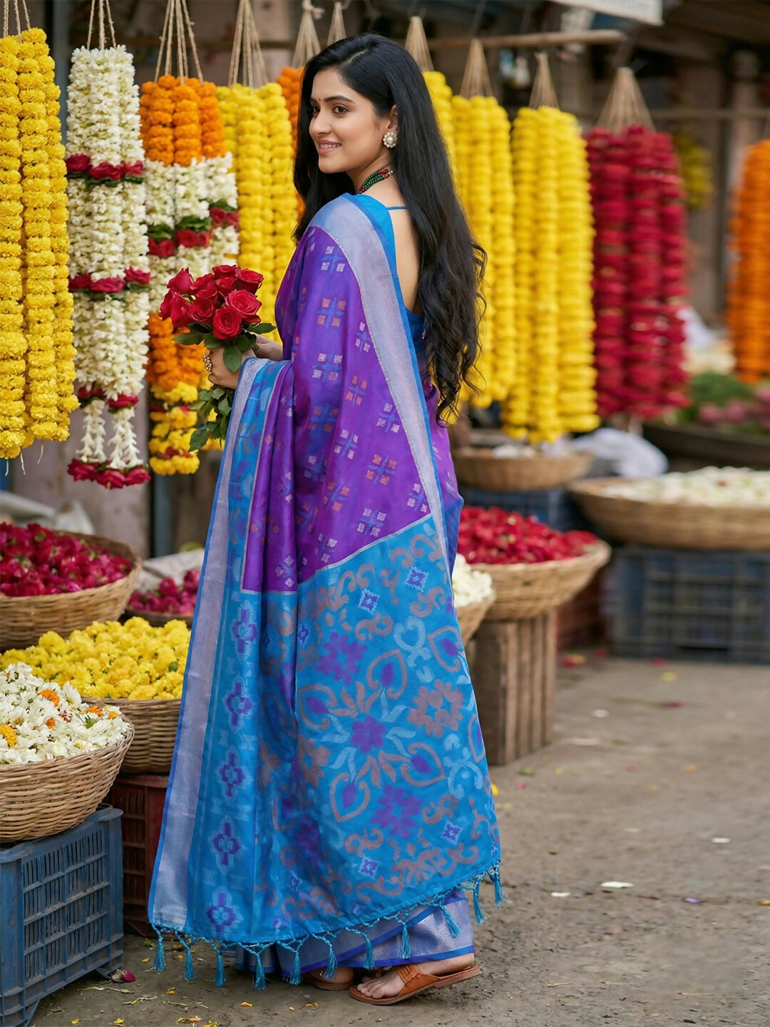 Shree Shyam Fashion Violet Pochampally Silk Saree | Grocsy