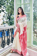 Exclusive Collection White Red Most Trending Beautiful Pure Cotton Handloom Saree | Grocsy