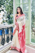Exclusive Collection White Red Most Trending Beautiful Pure Cotton Handloom Saree | Grocsy