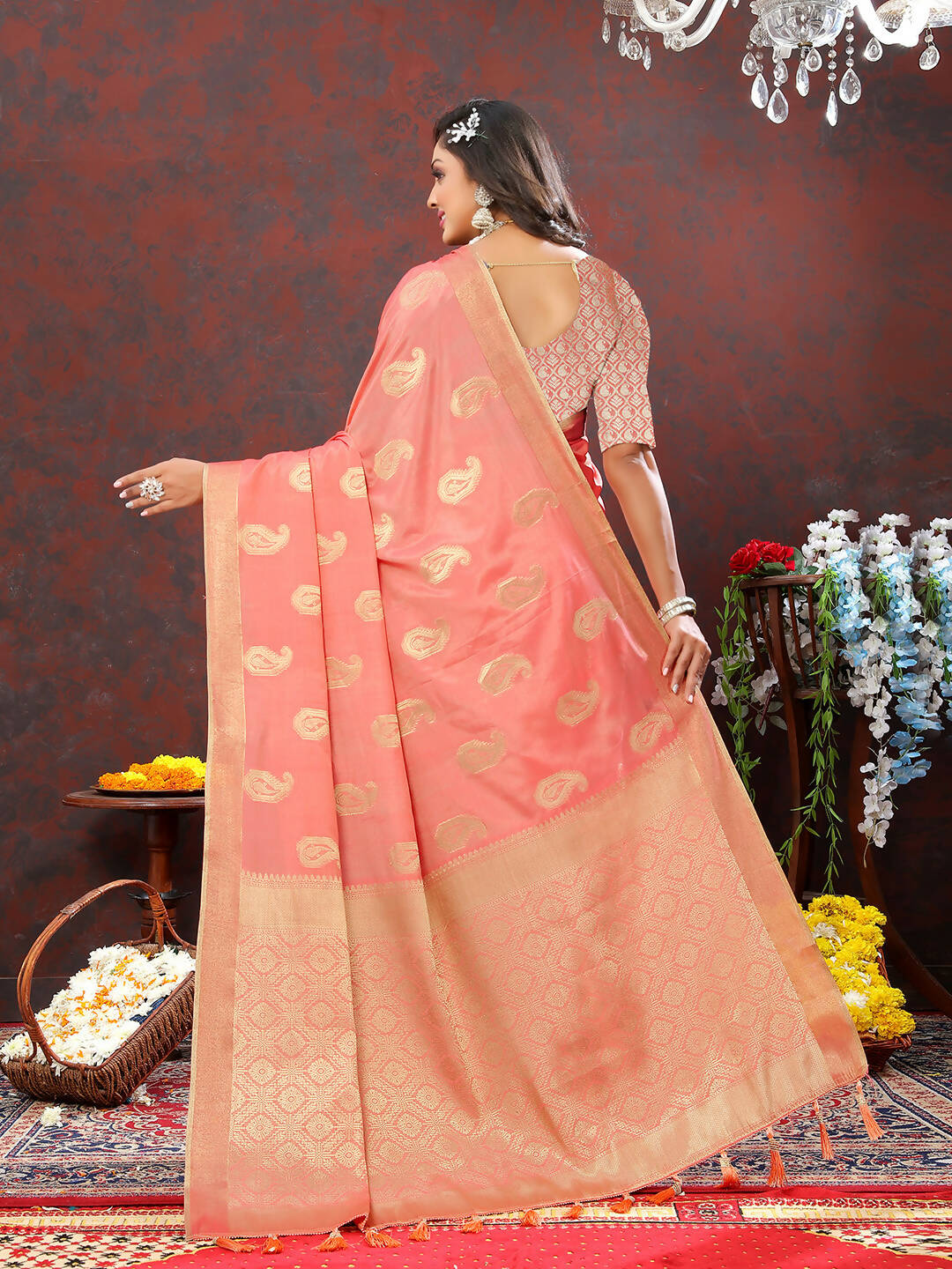 Lorenvalley Fashion Peach Cotton Woven Design with Zari Weaving Design Saree | Grocsy