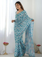 PR Fashion Light Blue Georgette Digital Print With Mirror Work Saree | Grocsy