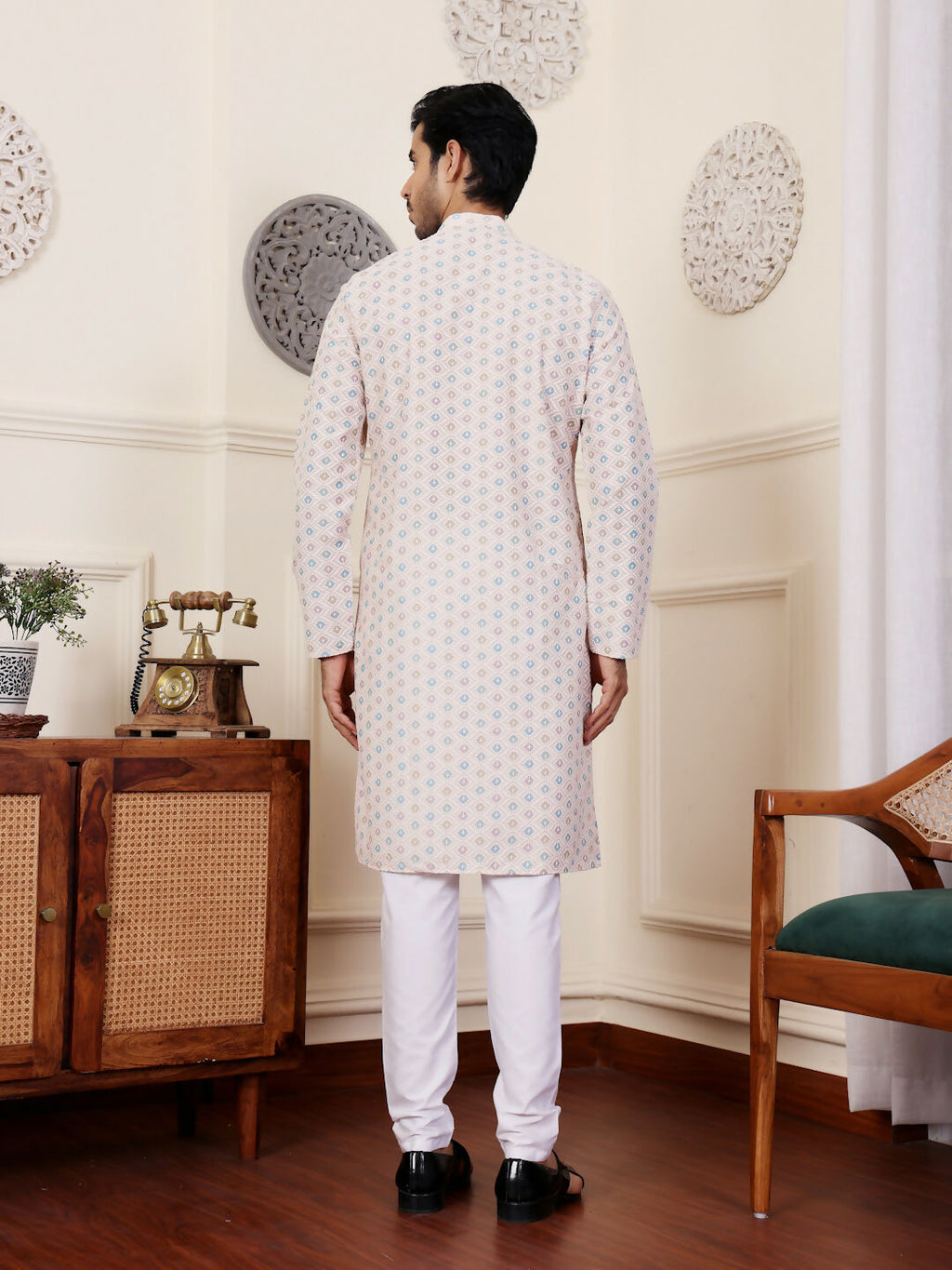 Off White Viscose Chikankari Embroidery Work Men's Rajwadi Kurta Set - Mahotsav | Grocsy
