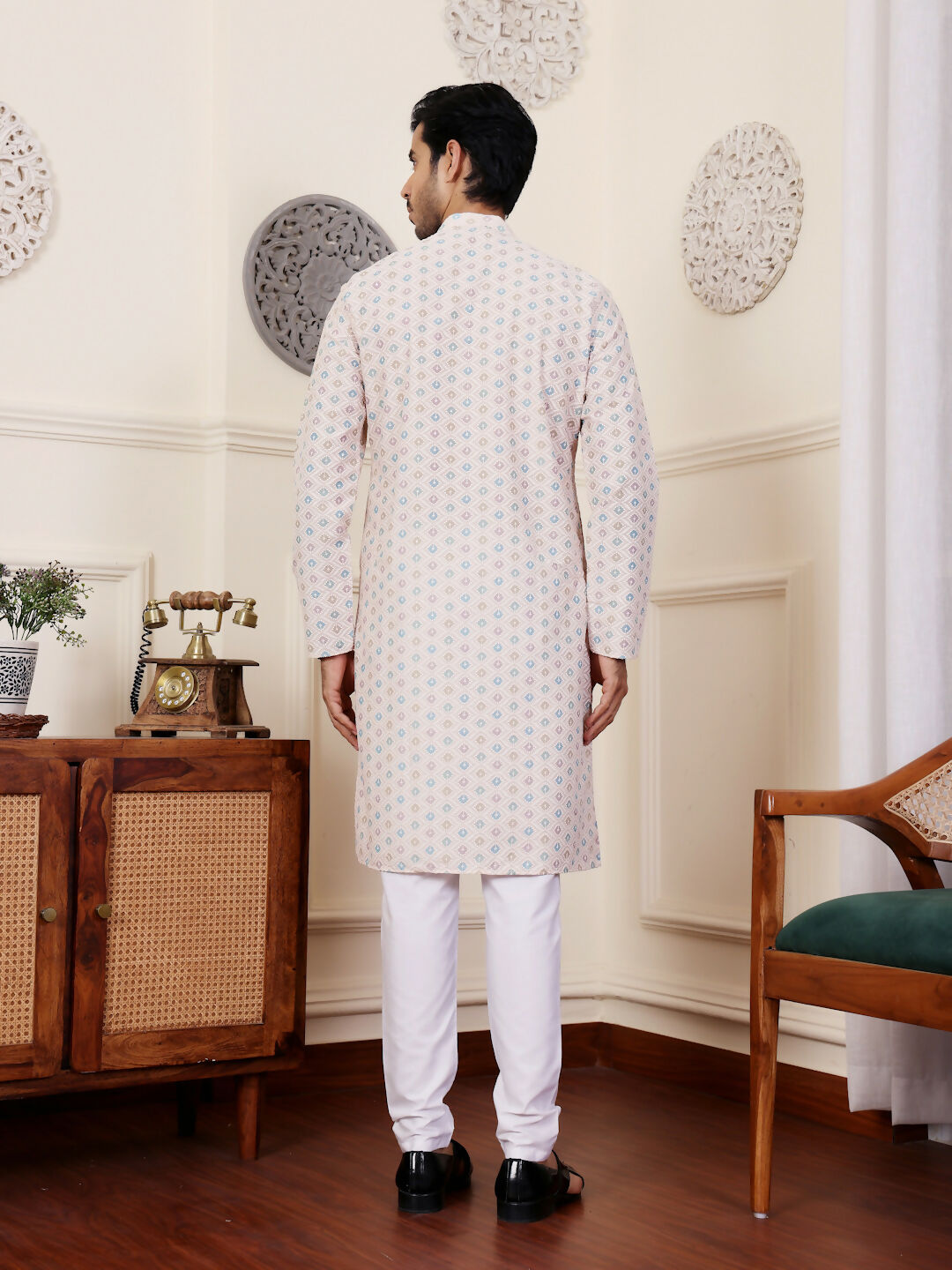 Off White Viscose Chikankari Embroidery Work Men's Rajwadi Kurta Set - Mahotsav | Grocsy