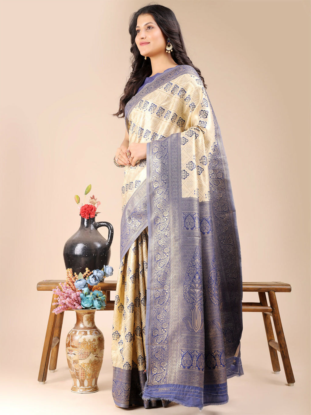 Shree Shyam Fashion Aura Silk Cream Navy Blue Banarasi Silk Saree | Grocsy