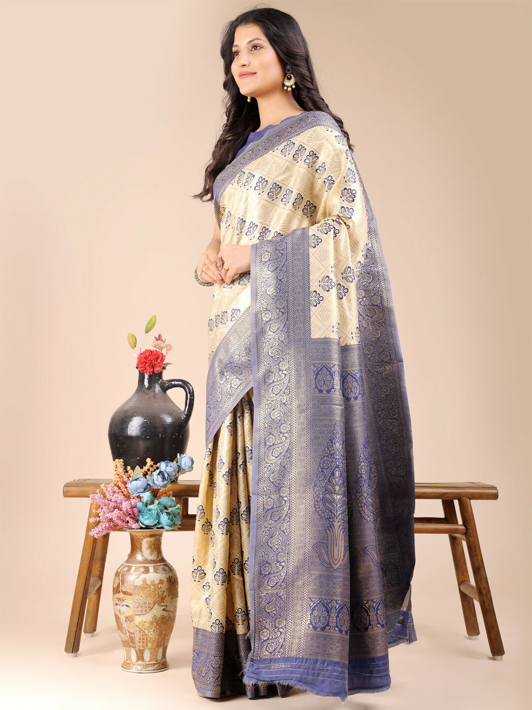 Shree Shyam Fashion Aura Silk Cream Navy Blue Banarasi Silk Saree | Grocsy