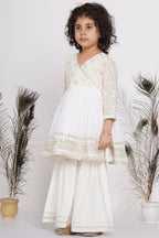 Little Bansi Girls Cotton Floral Embroidery & Lacework Kurta with Sharara & Dupatta - White | Grocsy