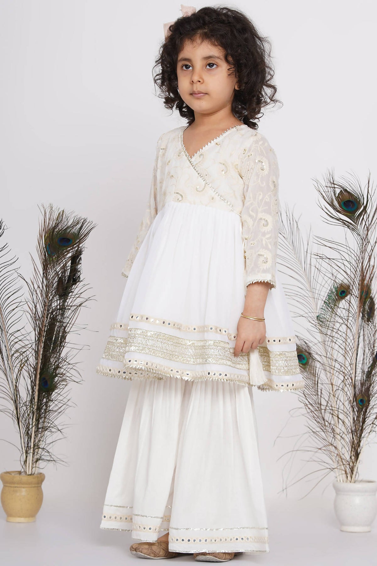 Little Bansi Girls Cotton Floral Embroidery & Lacework Kurta with Sharara & Dupatta - White | Grocsy