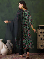 Sangria Printed V- Neck Antalkali, Dupatta & Dupatta Set | Grocsy