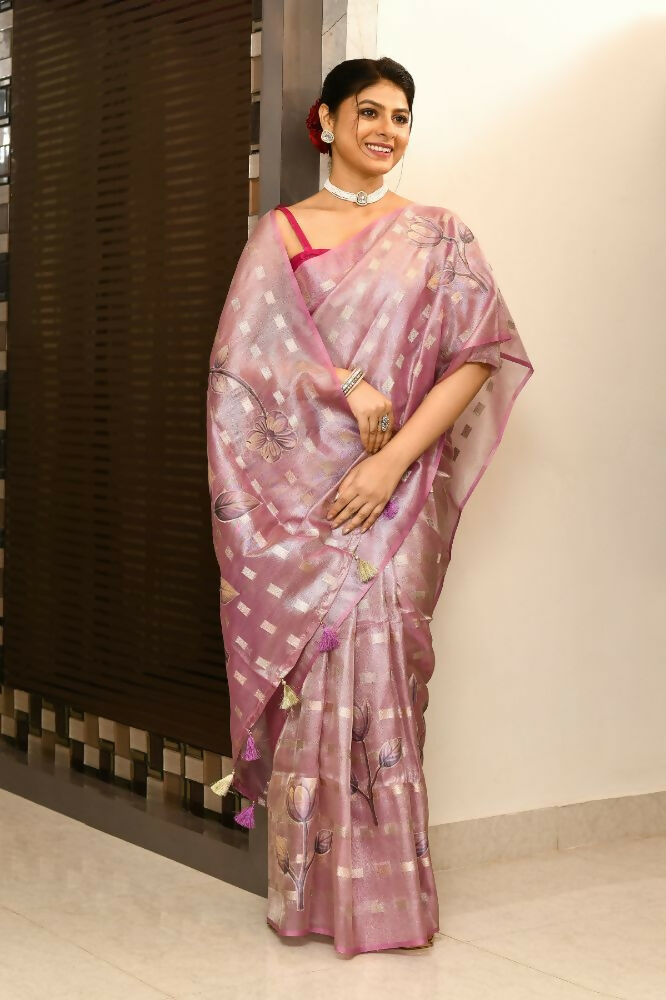 Joban Fashion Purple Saree Tissue Zari Buti Allover Applick With Contrast Blouse | Grocsy