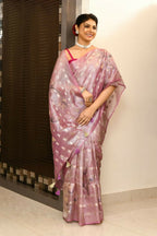 Joban Fashion Purple Saree Tissue Zari Buti Allover Applick With Contrast Blouse | Grocsy