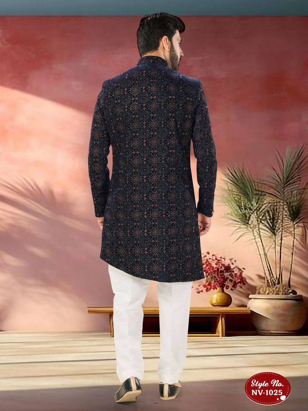 Joban Fashion Men's Blue Base Straight Velvet Thread And Sequence Embroidary All Over Indo-Western Kurta Set | Grocsy