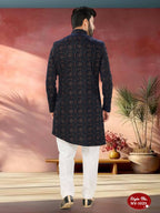 Joban Fashion Men's Blue Base Straight Velvet Thread And Sequence Embroidary All Over Indo-Western Kurta Set | Grocsy