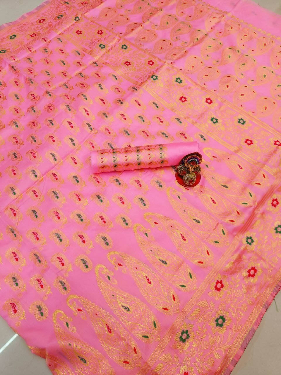 DEIANA'S Beautiful Designer Golden zari Soft Lichi Silk Saree - Peach | Grocsy