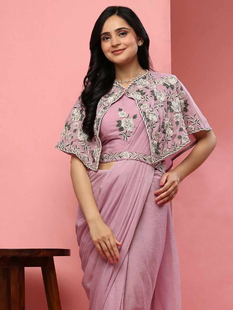 Pink Chiffon Solid Ready to wear Saree with stitched Blouse - Aayan | Grocsy