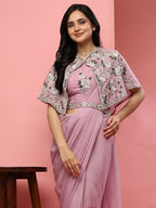 Pink Chiffon Solid Ready to wear Saree with stitched Blouse - Aayan | Grocsy