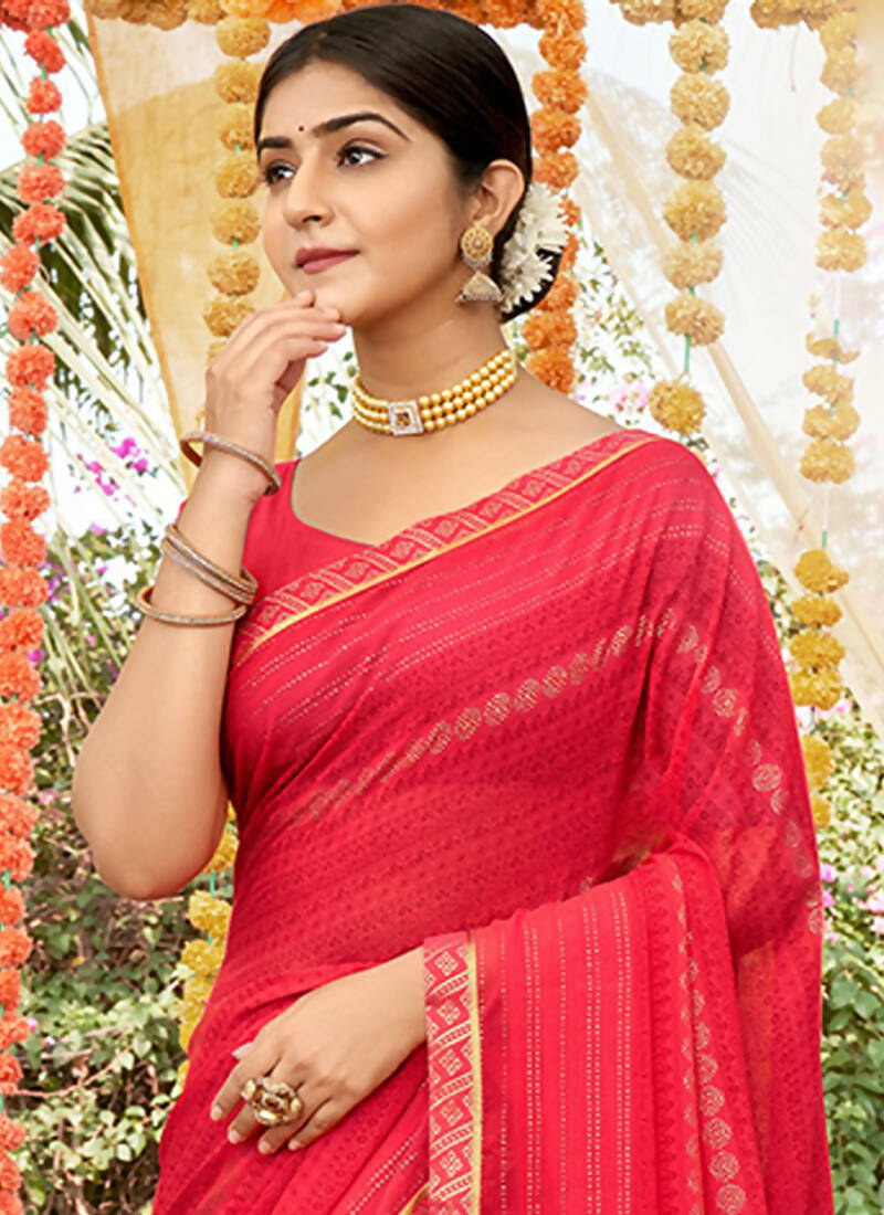 Red Georgette Foil Printed Saree with Unstitched Blouse Piece - Avika | Grocsy